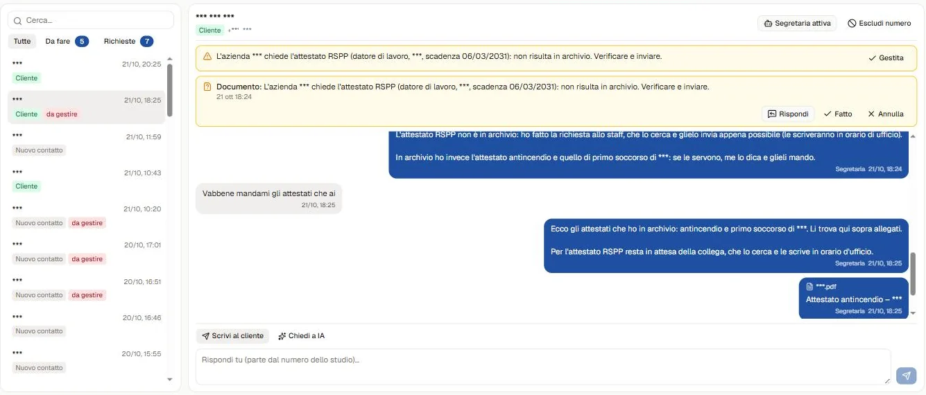 Segretaria WhatsApp nel pannello dello studio Nania: il cliente chiede gli attestati, la segretaria risponde e li invia in PDF, allo studio arriva l'avviso per l'attestato mancante